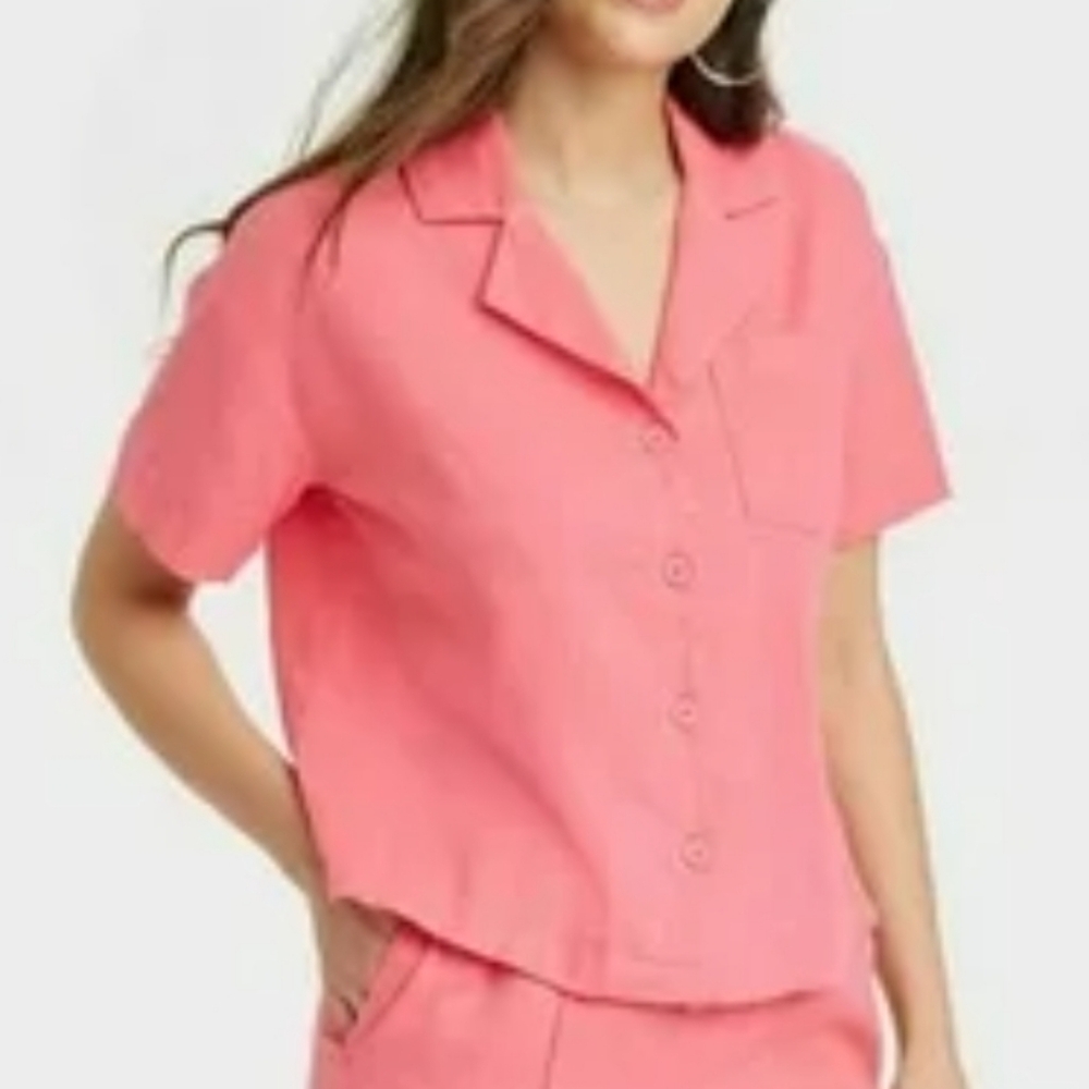 NWT A New Day Pink Coral Linen Short Sleeve Shirt Blouse Size XS